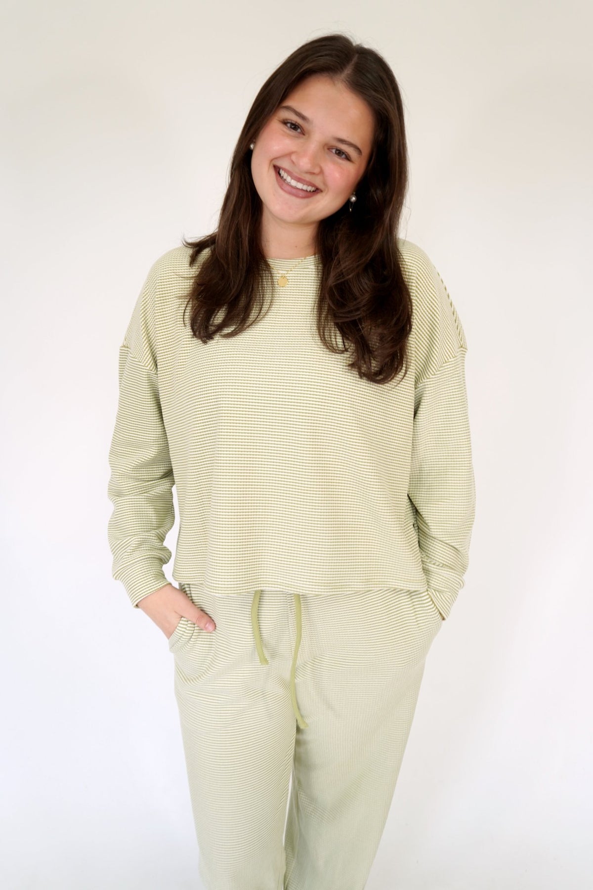 Sage & White Striped Cozy Top - Anderson Ave boutique