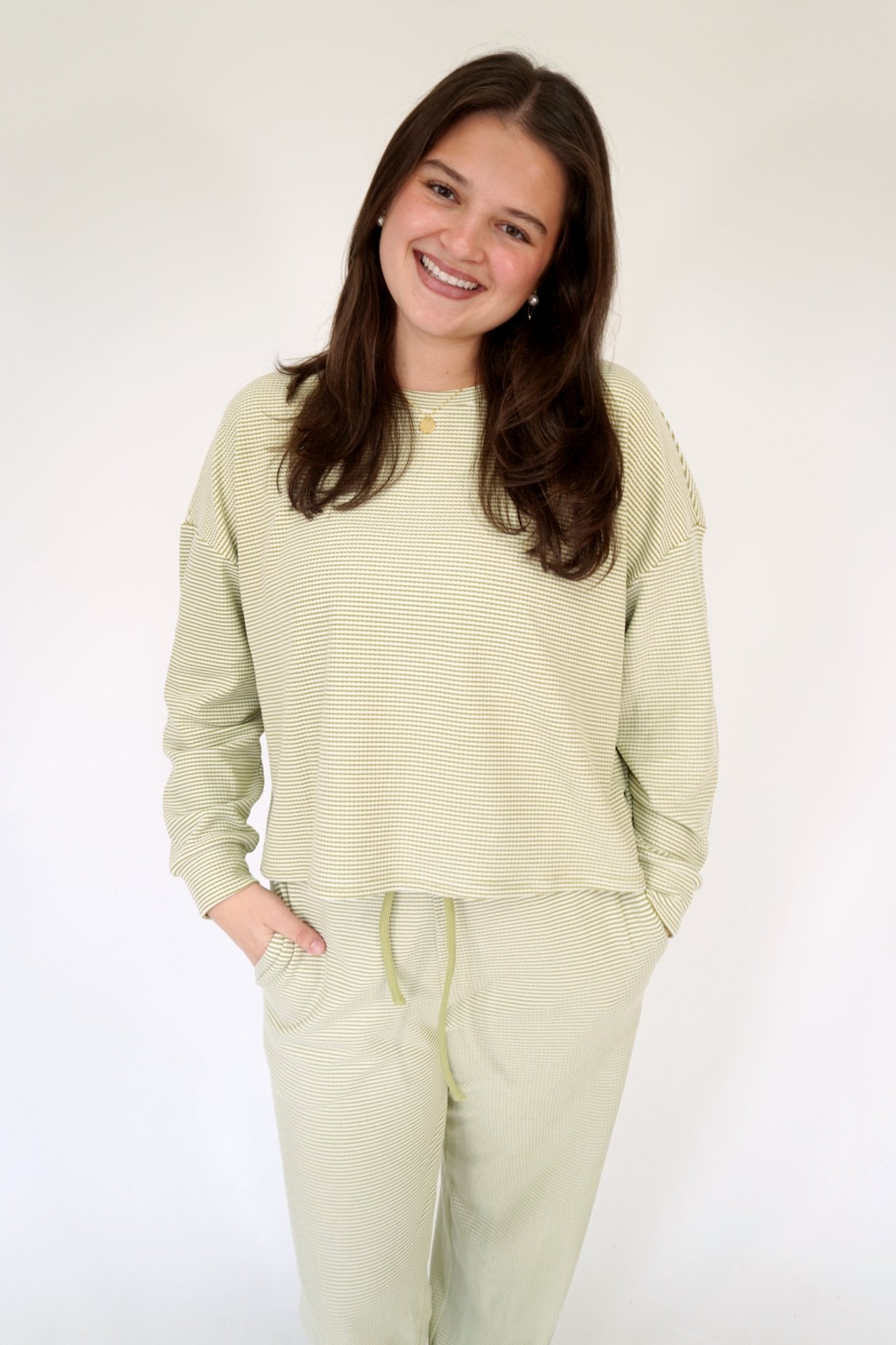 Sage & White Striped Cozy Top - Anderson Ave boutique