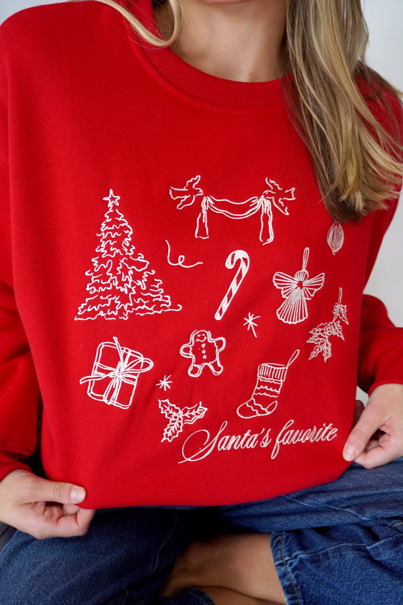 Santa’s Favorites Graphic Christmas Sweatshirt - Red - Anderson Ave boutique