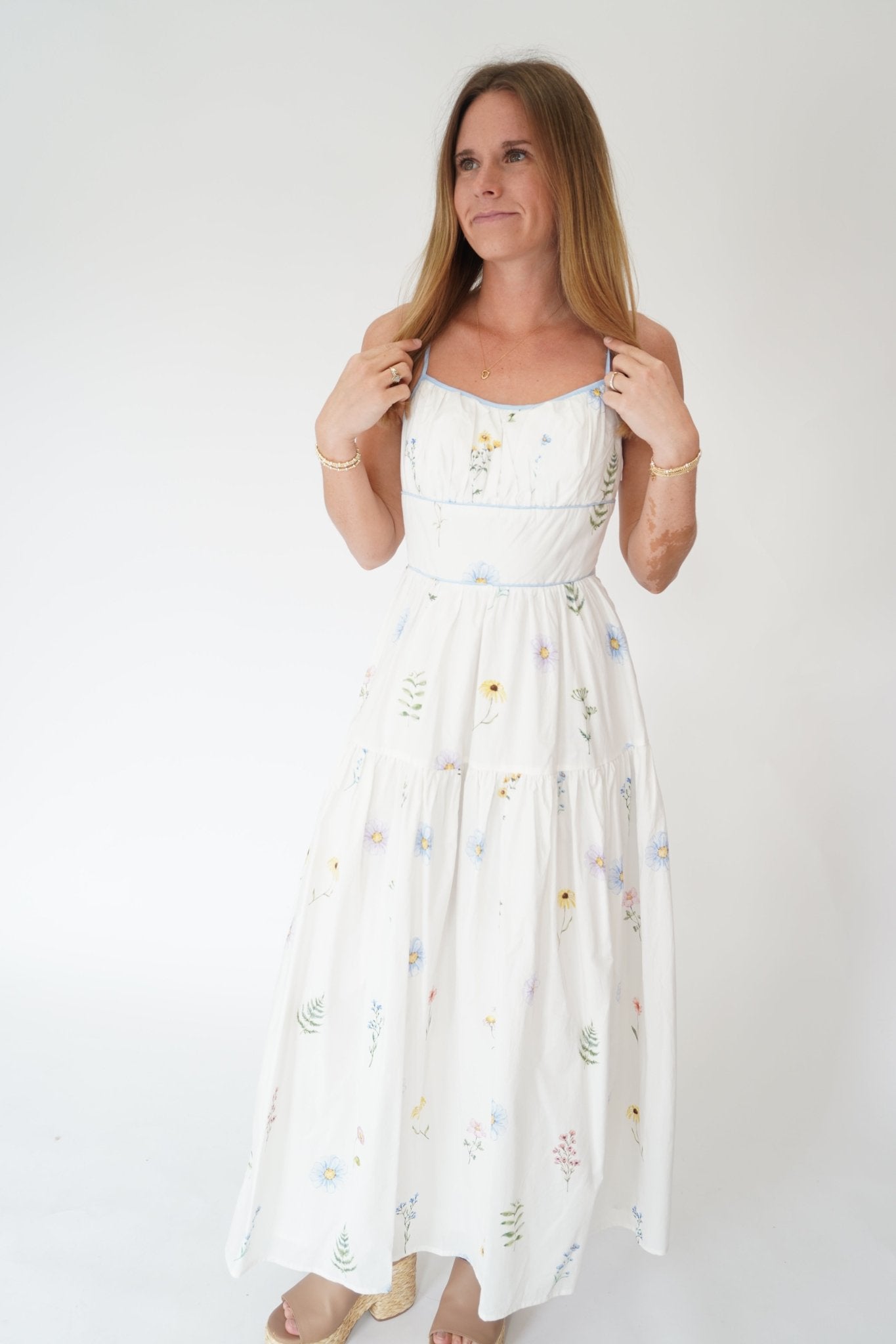 Seraphina Floral Tiered Midi Dress – Contrast Binding Sundress - Anderson Ave boutique