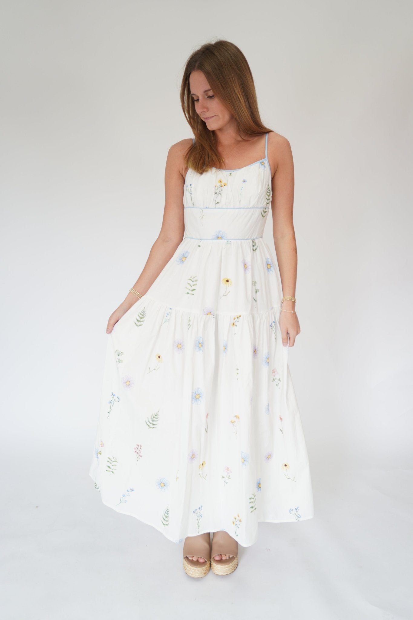 Seraphina Floral Tiered Midi Dress – Contrast Binding Sundress - Anderson Ave boutique