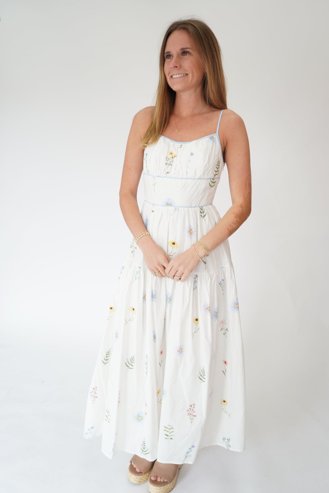 Seraphina Floral Tiered Midi Dress – Contrast Binding Sundress - Anderson Ave boutique