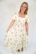 Seraphina Floral Tiered Midi Dress – Romantic Ruched Strap & Embroidered Waistband - Anderson Ave boutique