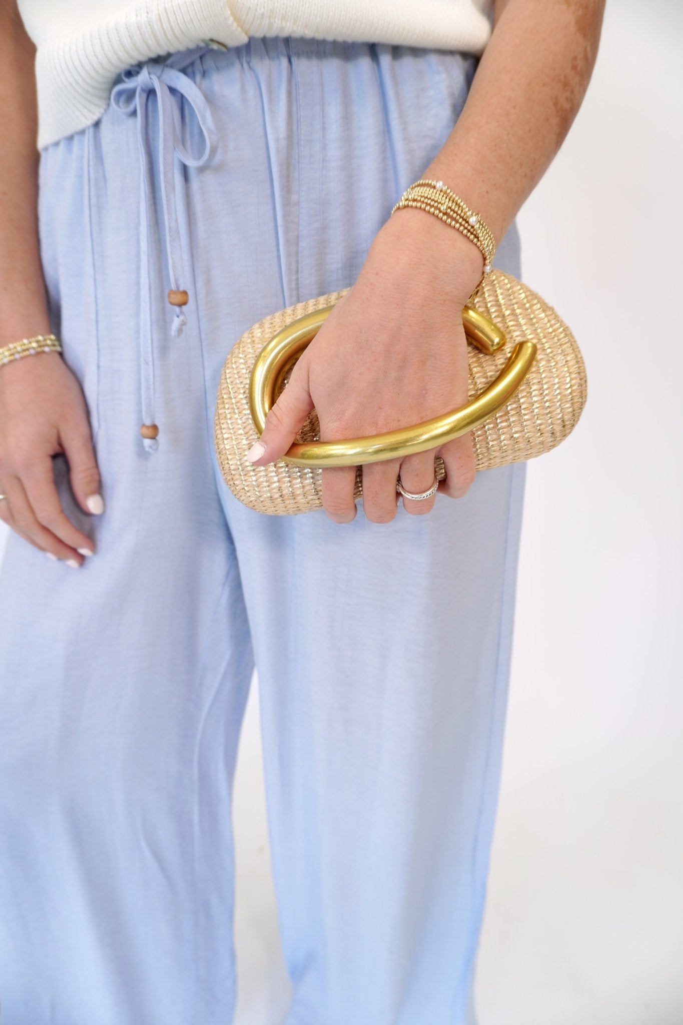 Seraphina Sculptural Gold - Handle Woven Clutch – Elegant Summer Evening Bag - Anderson Ave boutique