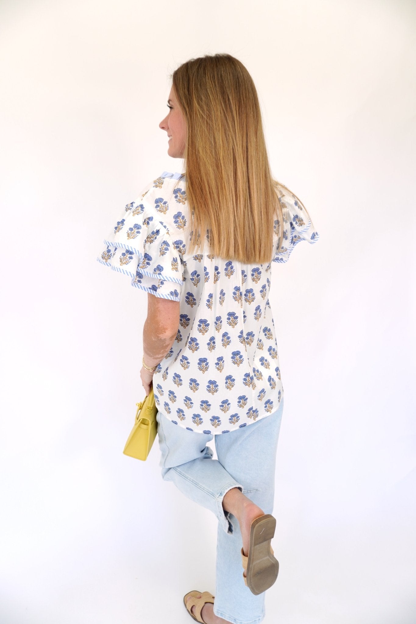Serene Blue Floral Ruffle Sleeve Woven Blouse - Anderson Ave boutique