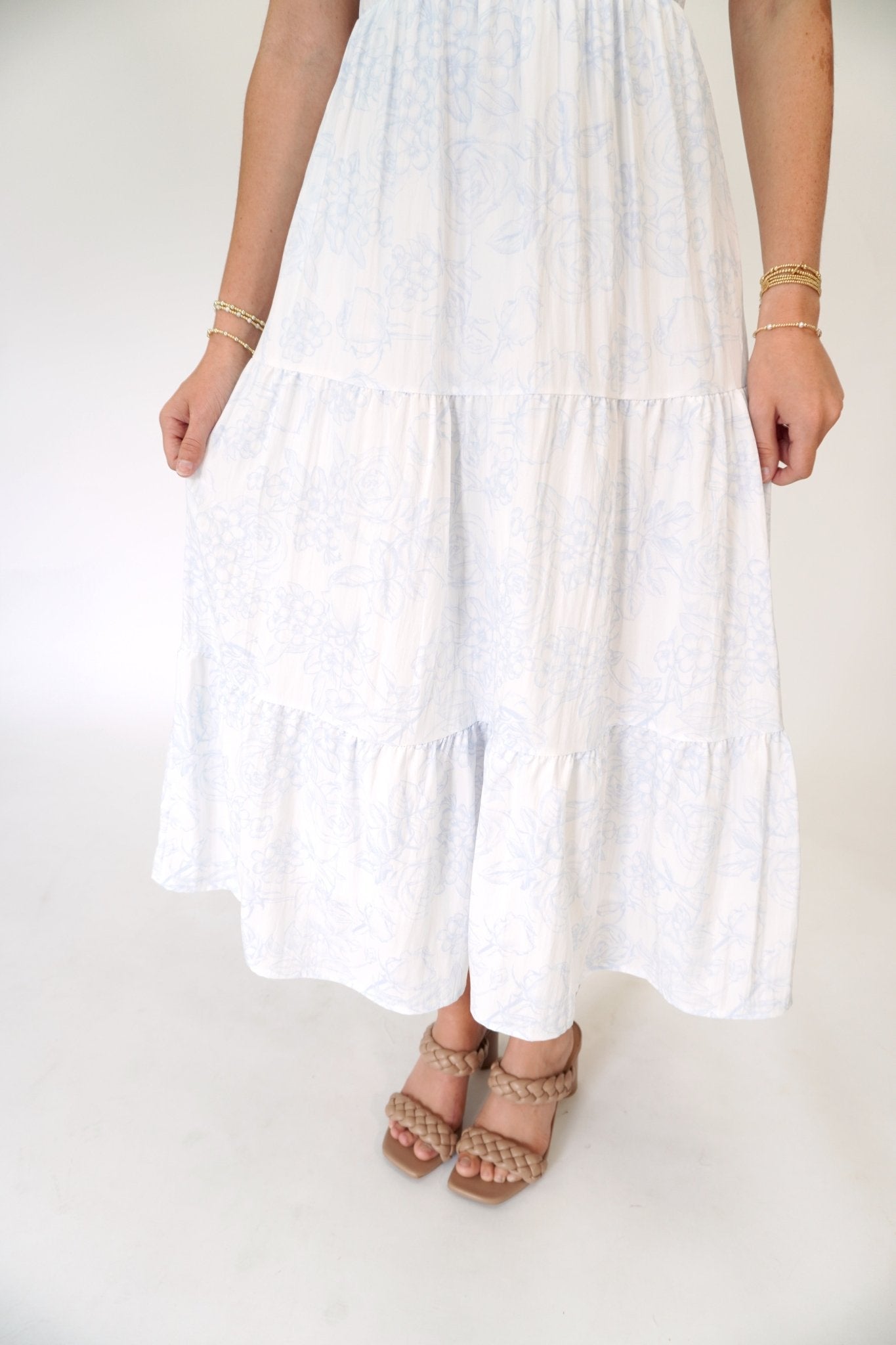 Serene Floral Puff Sleeve Open - Back Midi Dress with Pockets Blue / White - Anderson Ave boutique