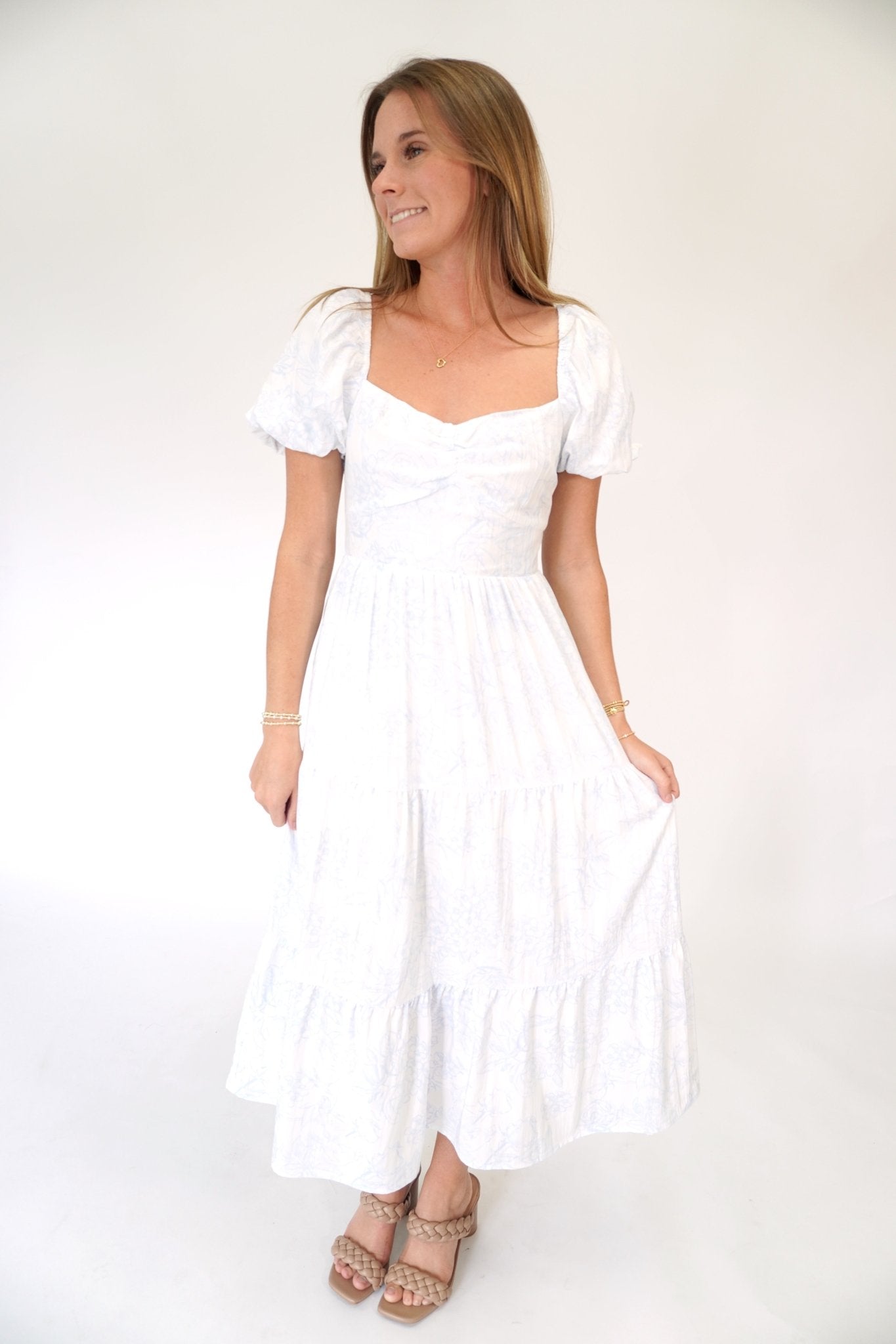 Serene Floral Puff Sleeve Open - Back Midi Dress with Pockets Blue / White - Anderson Ave boutique