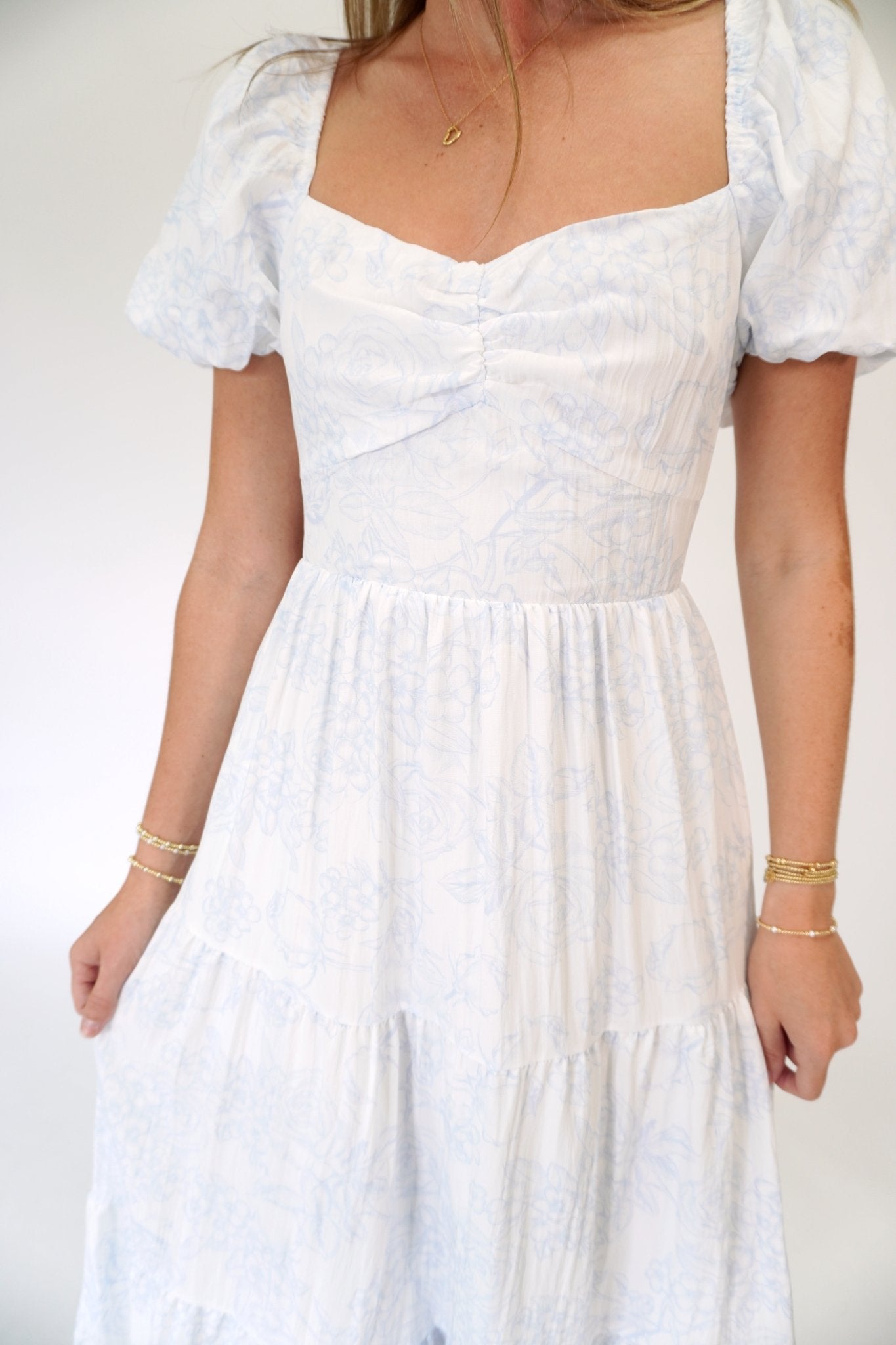 Serene Floral Puff Sleeve Open - Back Midi Dress with Pockets Blue / White - Anderson Ave boutique