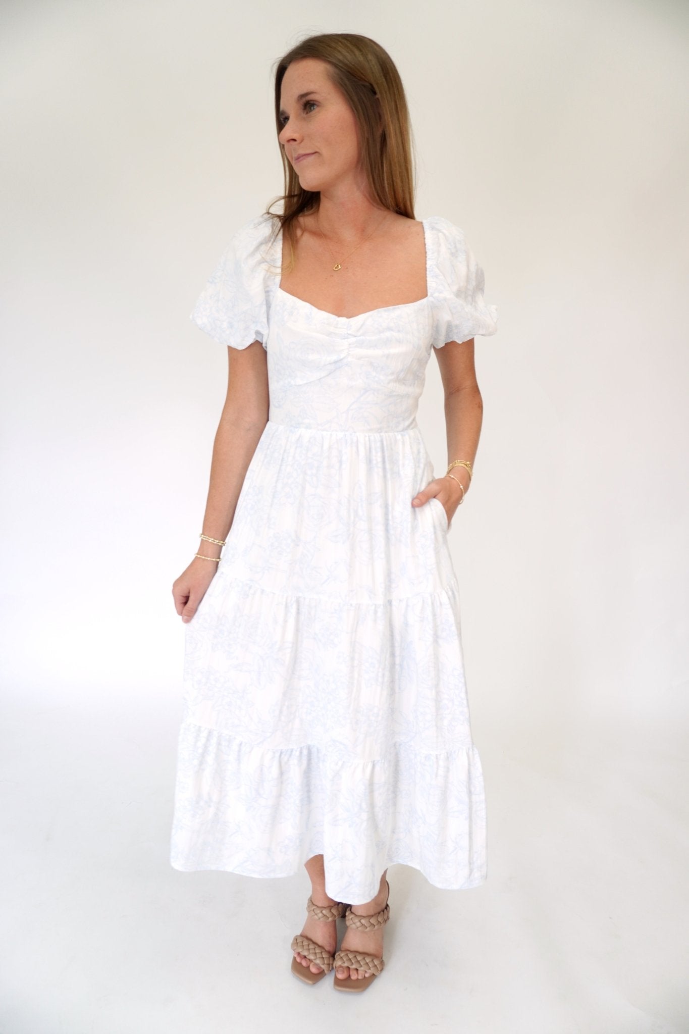 Serene Floral Puff Sleeve Open - Back Midi Dress with Pockets Blue / White - Anderson Ave boutique