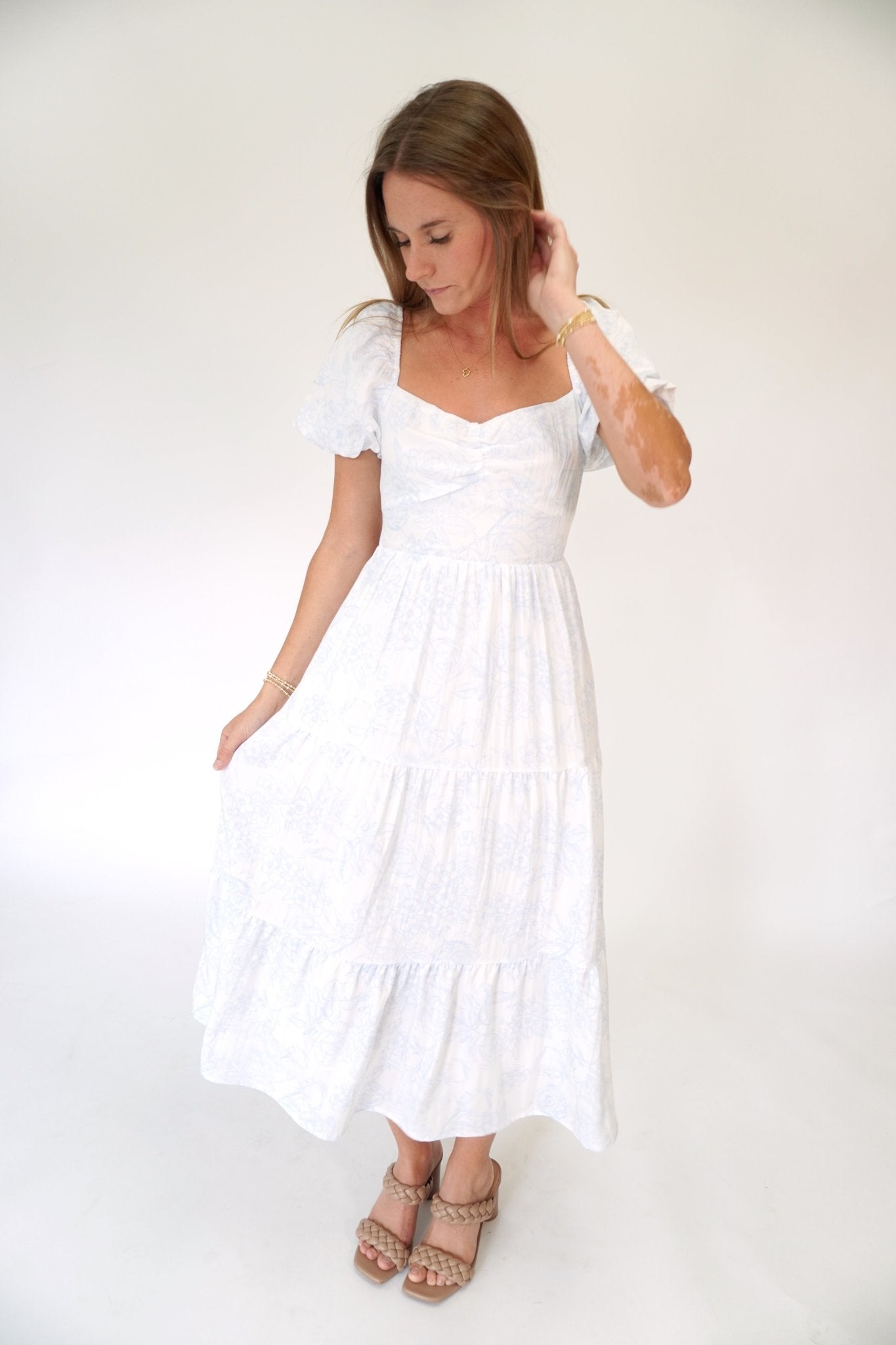 Serene Floral Puff Sleeve Open - Back Midi Dress with Pockets Blue / White - Anderson Ave boutique