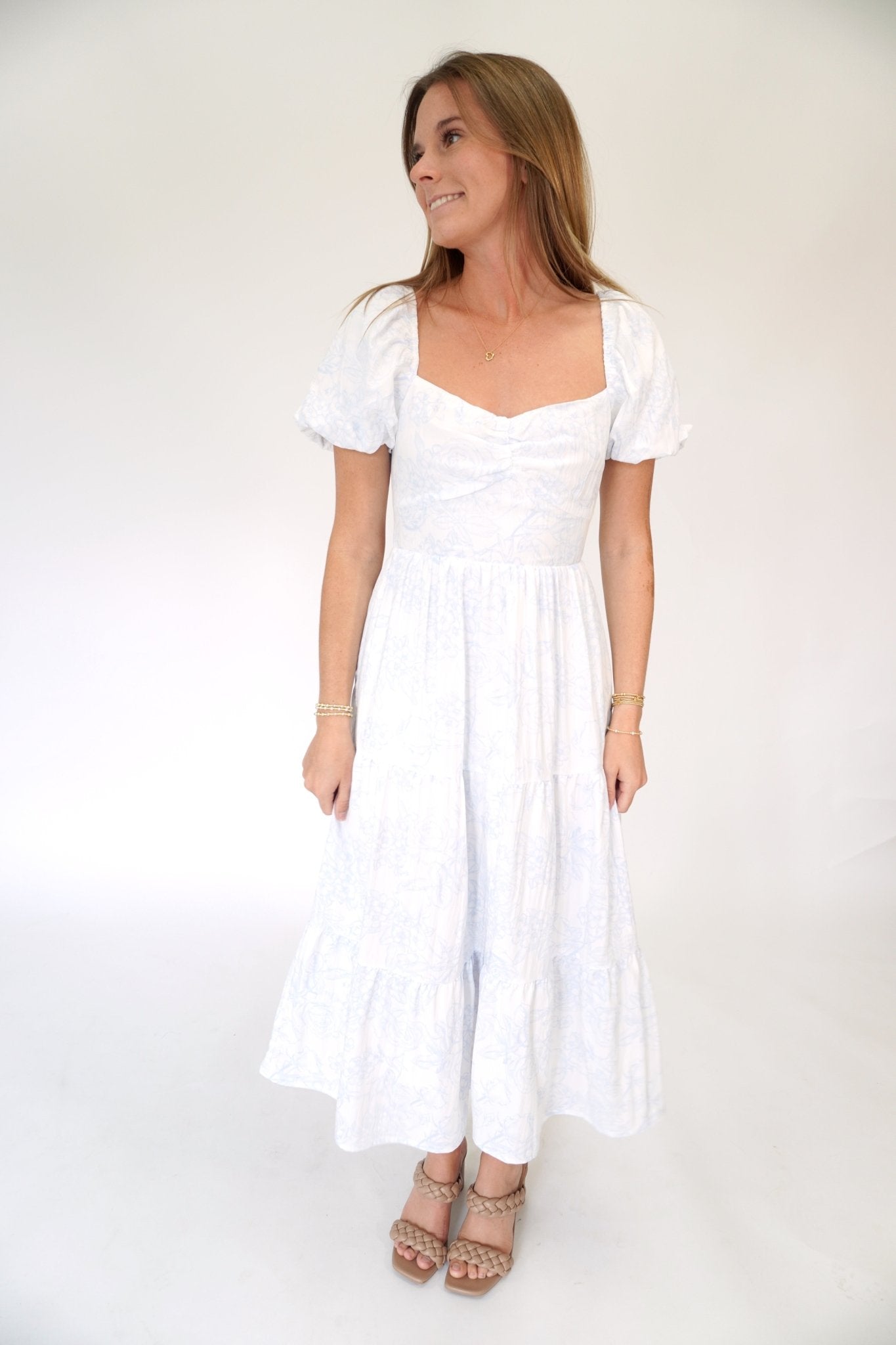 Serene Floral Puff Sleeve Open - Back Midi Dress with Pockets Blue / White - Anderson Ave boutique