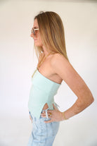 Serene Mint Strapless Folded Knit Tube Top – Chic Peplum Silhouette - Anderson Ave boutique