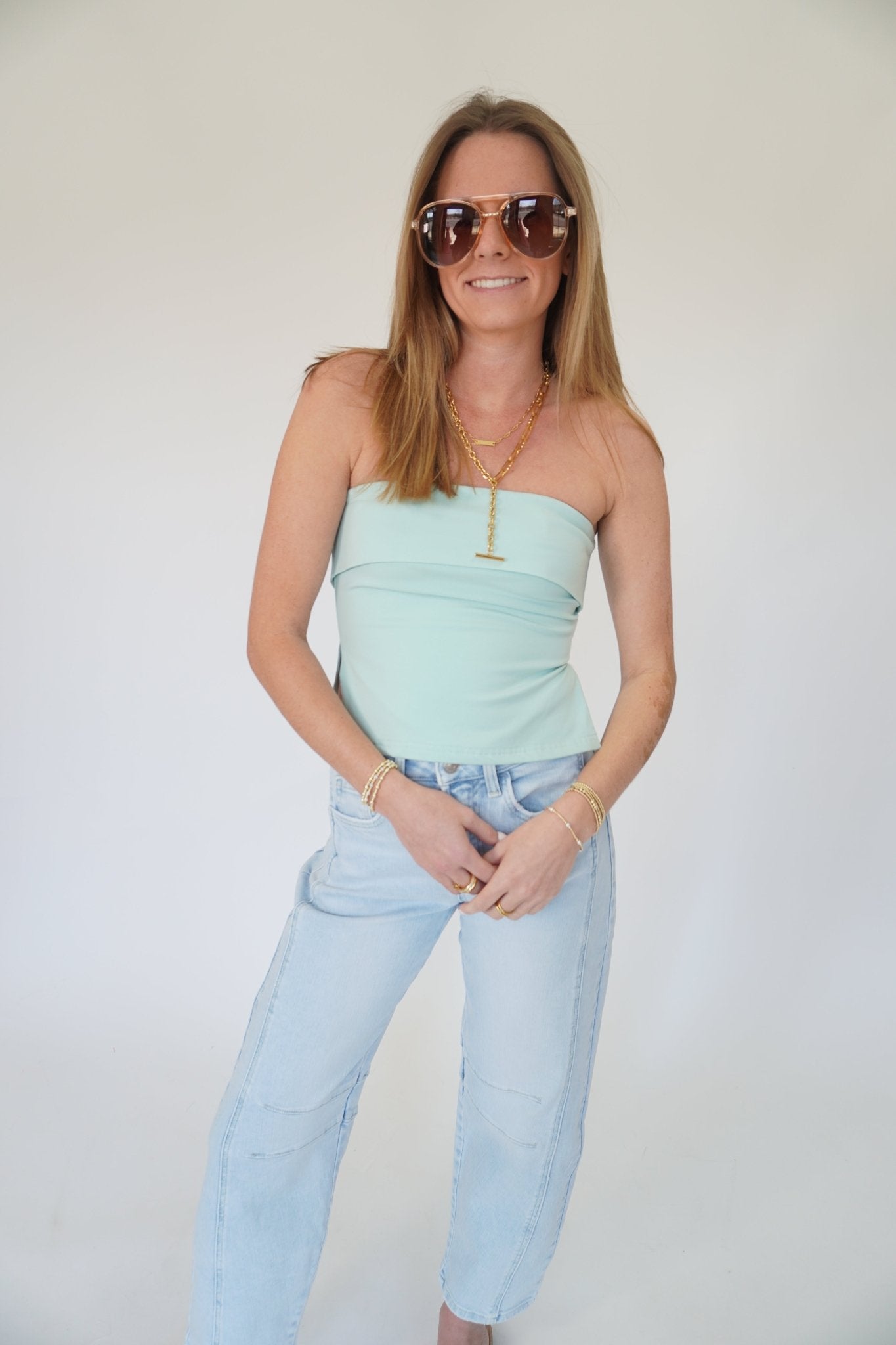 Serene Mint Strapless Folded Knit Tube Top – Chic Peplum Silhouette - Anderson Ave boutique