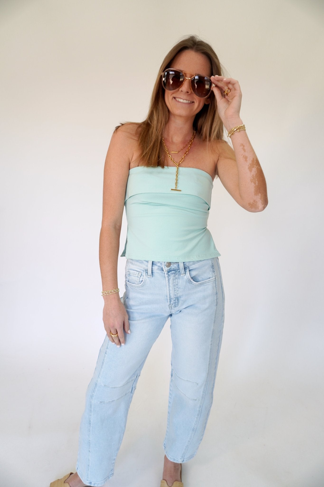 Serene Mint Strapless Folded Knit Tube Top – Chic Peplum Silhouette - Anderson Ave boutique