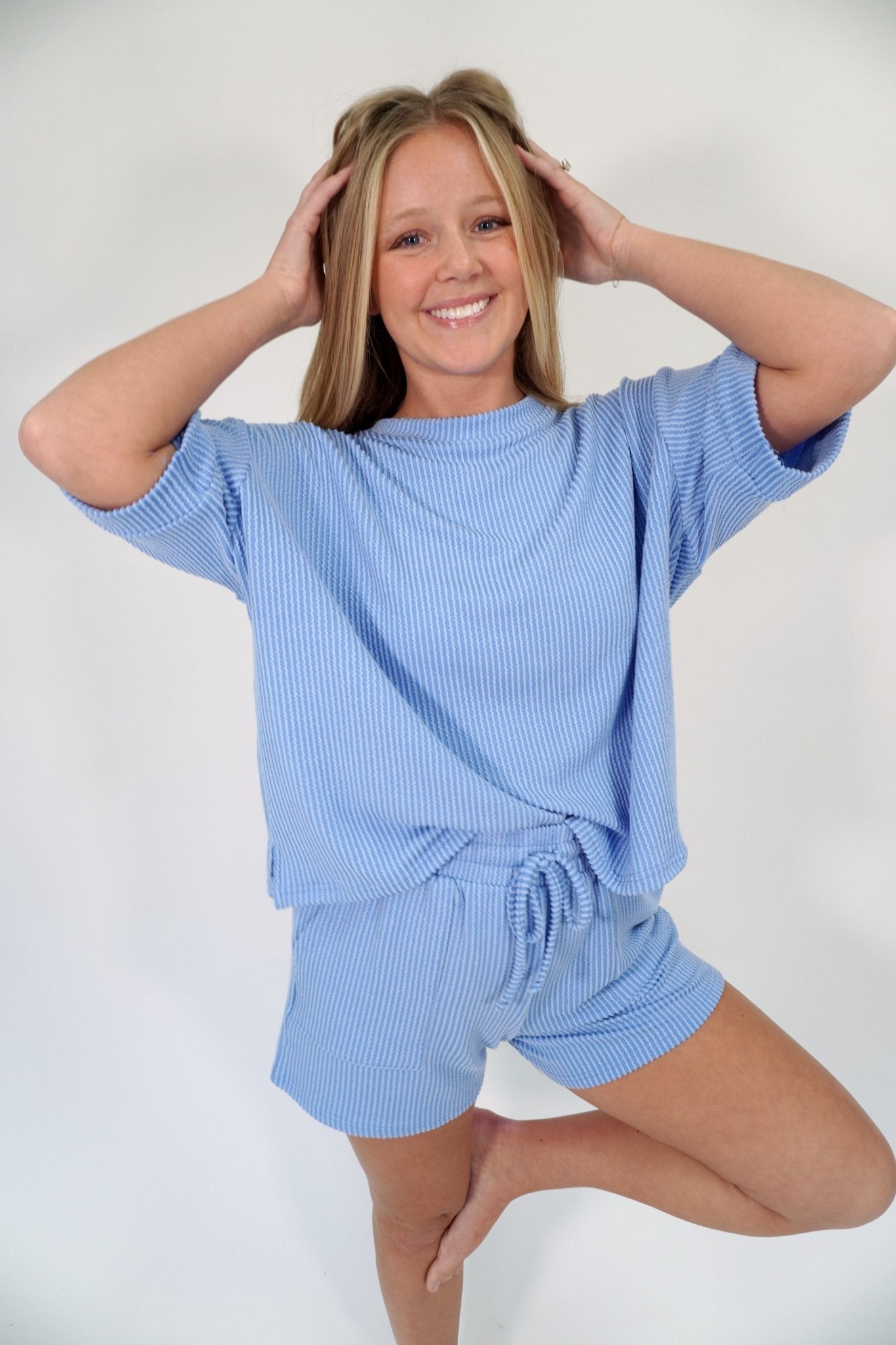 Sky Blue Ribbed Lounge Set | Oversized Tee & Pocket Shorts Co - ord - Blue - Anderson Ave boutique