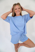 Sky Blue Ribbed Lounge Set | Oversized Tee & Pocket Shorts Co - ord - Blue - Anderson Ave boutique