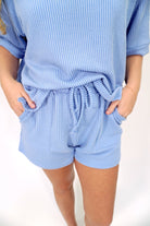 Sky Blue Ribbed Lounge Set | Oversized Tee & Pocket Shorts Co - ord - Blue - Anderson Ave boutique