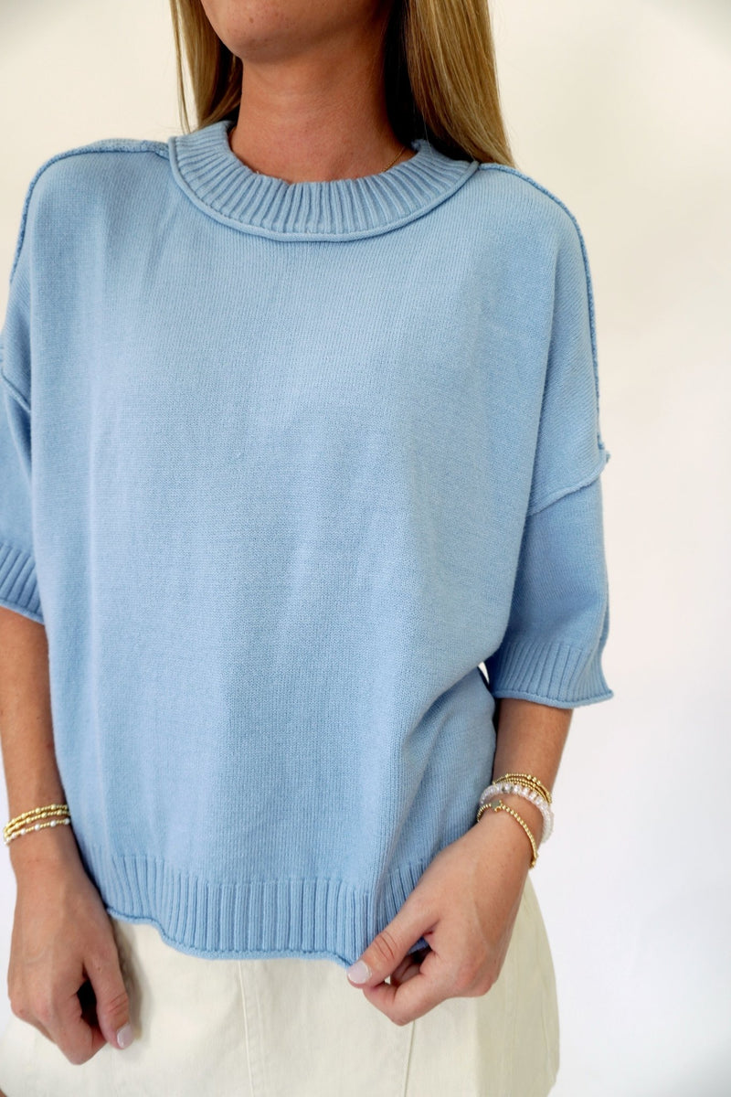 Sky Blue Short Sleeve Sweater Top - Anderson Ave boutique