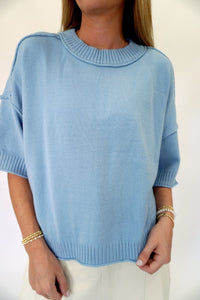 Sky Blue Short Sleeve Sweater Top - Anderson Ave boutique