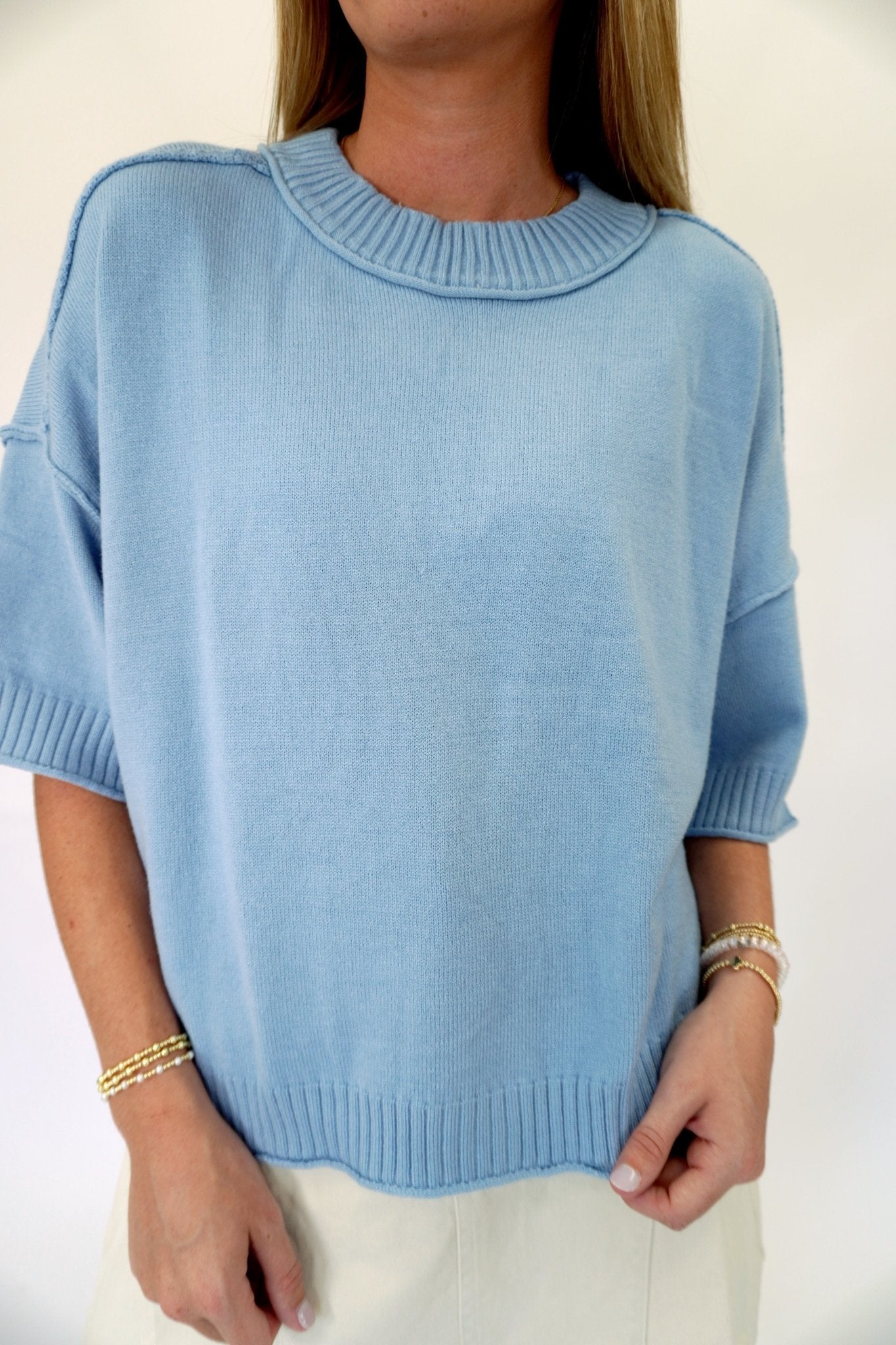 Sky Blue Short Sleeve Sweater Top - Anderson Ave boutique