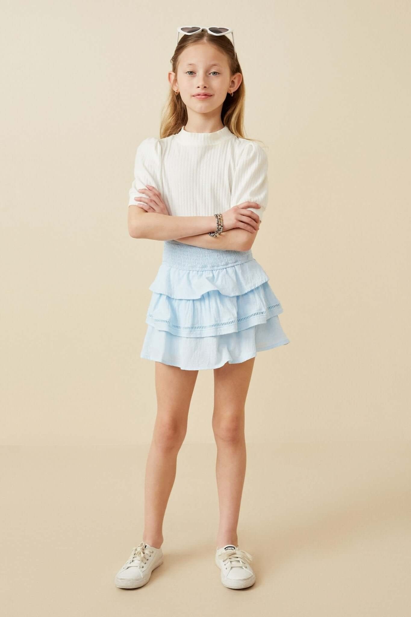 Sky Ruffle Smocked Tiered Mini Skirt – Light Blue | Tween Girls - Anderson Ave boutique