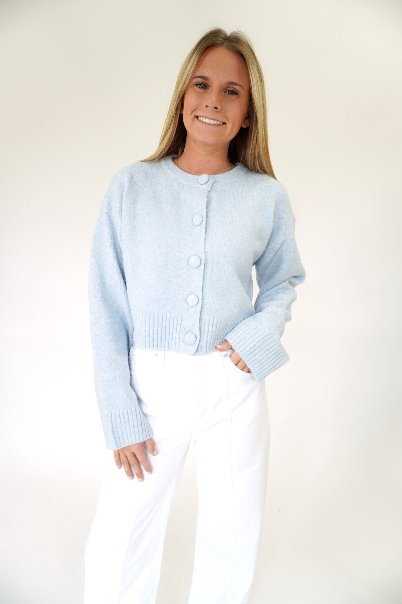 Skyline Blue Cropped Button Cardigan - Light Blue - Anderson Ave boutique