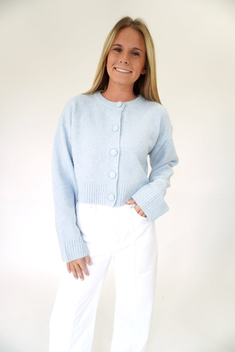 Skyline Blue Cropped Button Cardigan - Light Blue - Anderson Ave boutique