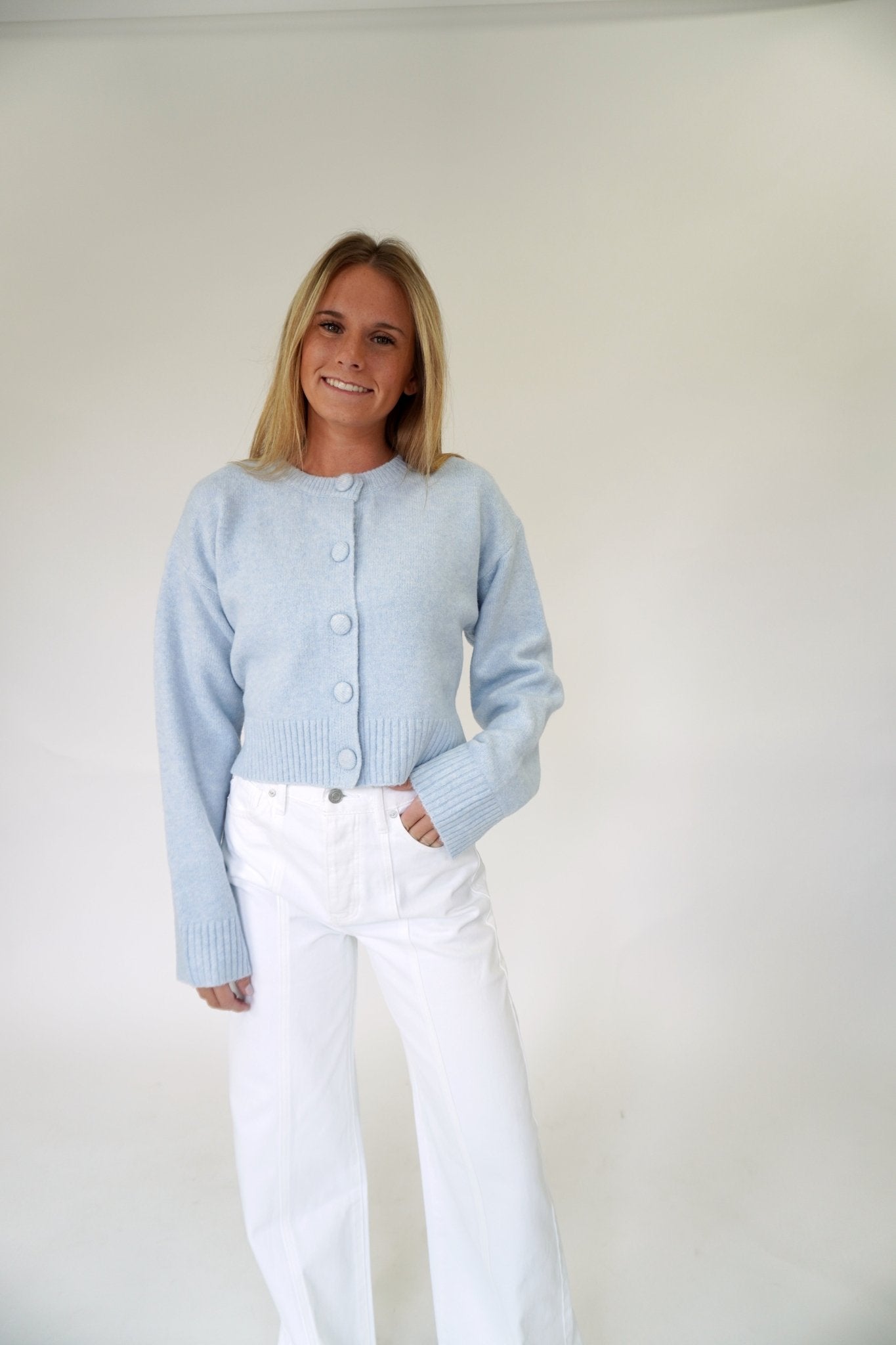 Skyline Blue Cropped Button Cardigan - Light Blue - Anderson Ave boutique