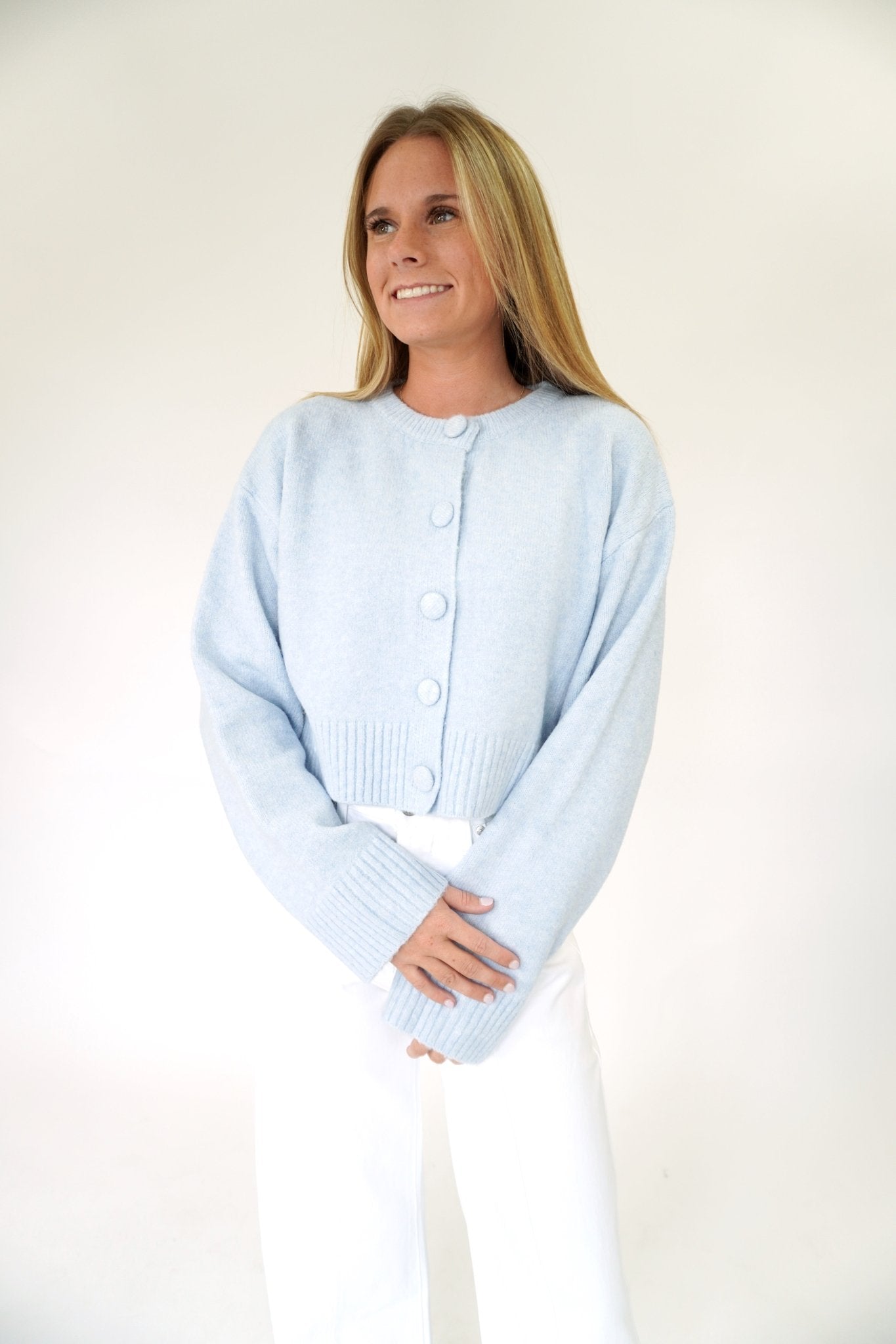 Skyline Blue Cropped Button Cardigan - Light Blue - Anderson Ave boutique