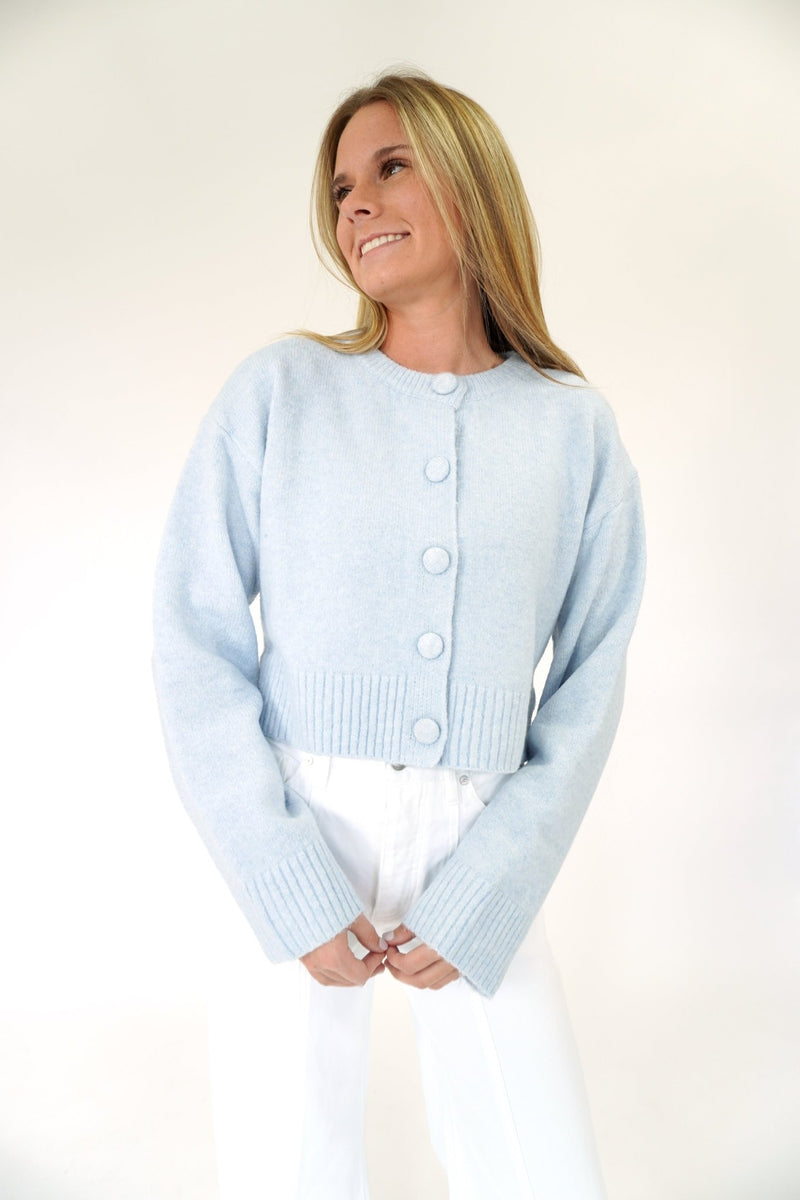 Skyline Blue Cropped Button Cardigan - Light Blue - Anderson Ave boutique