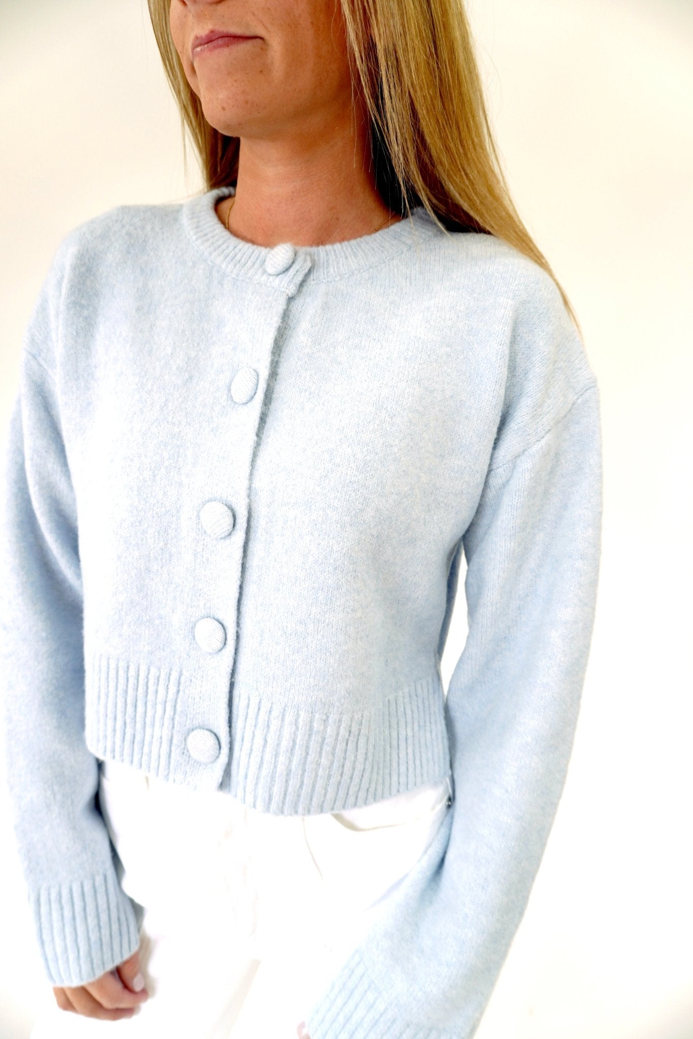 Skyline Blue Cropped Button Cardigan - Light Blue - Anderson Ave boutique