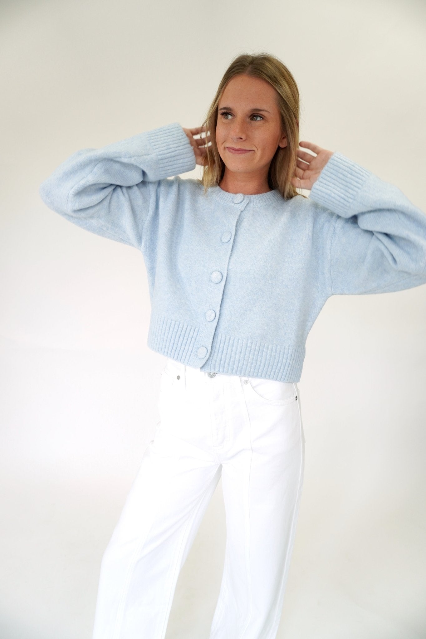 Skyline Blue Cropped Button Cardigan - Light Blue - Anderson Ave boutique