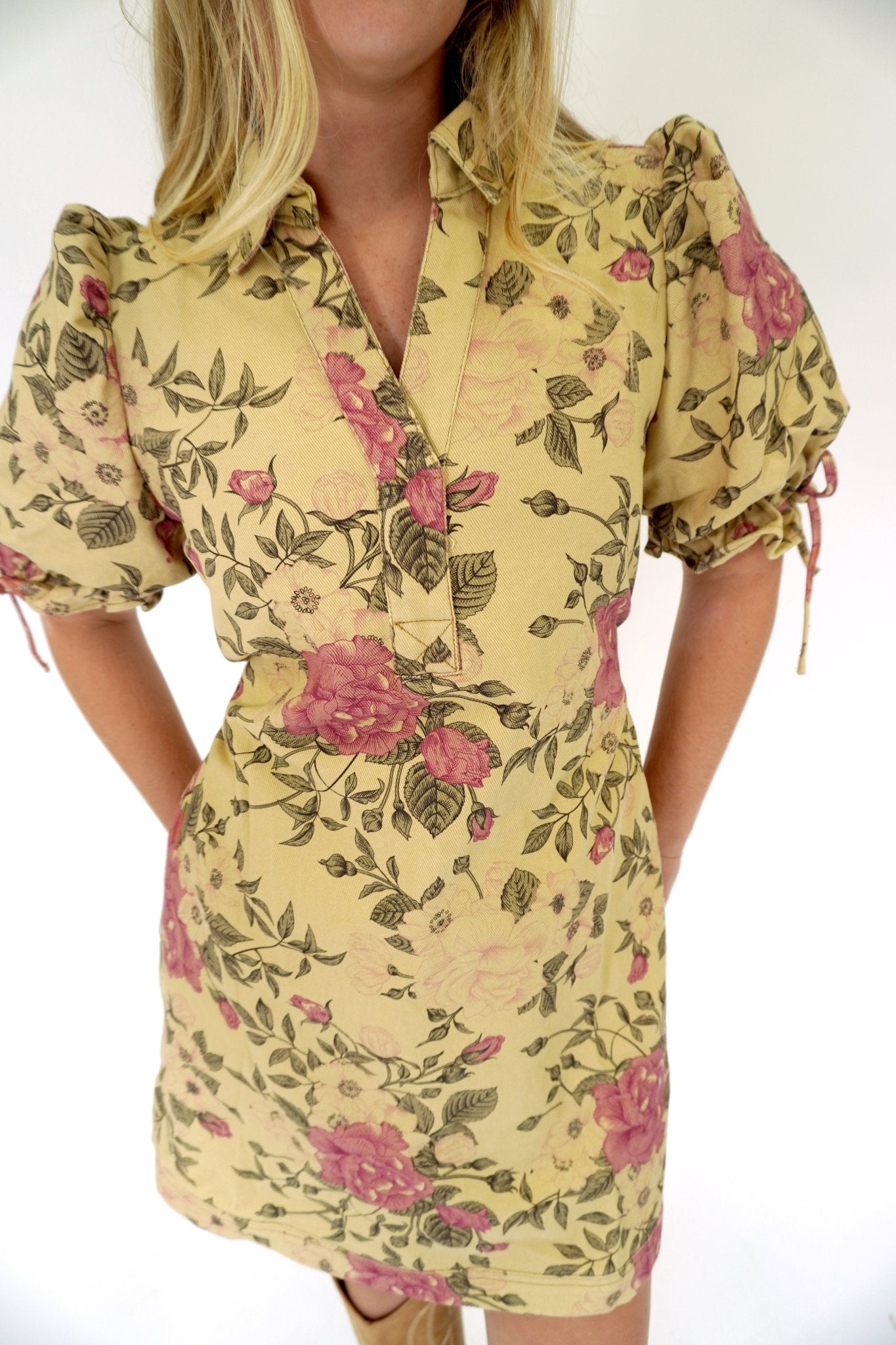 Soft Tan Rose Print Mini Dress - Anderson Ave boutique