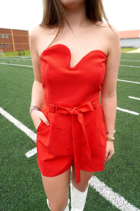 Strapless Abstract Cutout Romper With Self Belt - Red - Anderson Ave boutique