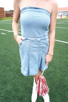 Strapless Denim Romper Dress With Pleats Detail - Anderson Ave boutique