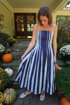 Strapless Striped Pleated Flare Midi Dress – Navy & Light Blue - Anderson Ave boutique