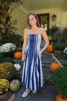 Strapless Striped Pleated Flare Midi Dress – Navy & Light Blue - Anderson Ave boutique