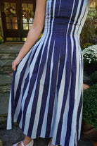 Strapless Striped Pleated Flare Midi Dress – Navy & Light Blue - Anderson Ave boutique