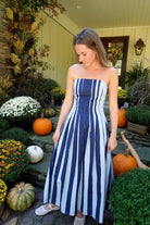 Strapless Striped Pleated Flare Midi Dress – Navy & Light Blue - Anderson Ave boutique