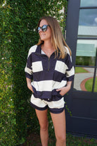 Striped Half Zip Lounge Set Navy and Cream - Anderson Ave boutique