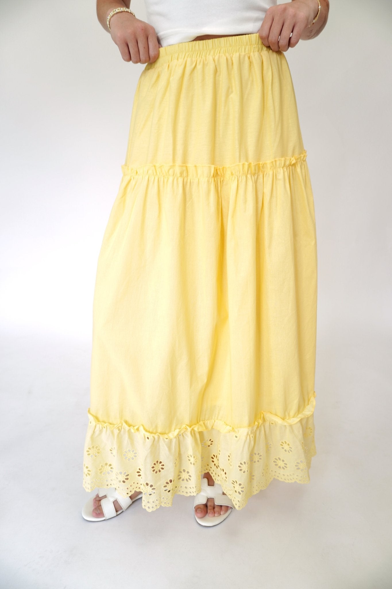 Sun - Drenched Tiered Eyelet Maxi Skirt in Yellow - Anderson Ave boutique