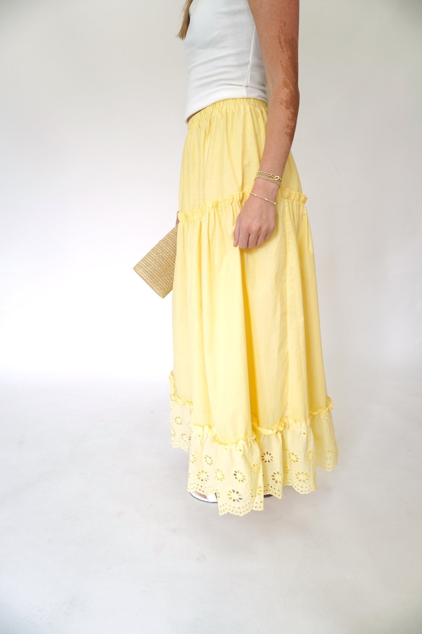 Sun - Drenched Tiered Eyelet Maxi Skirt in Yellow - Anderson Ave boutique
