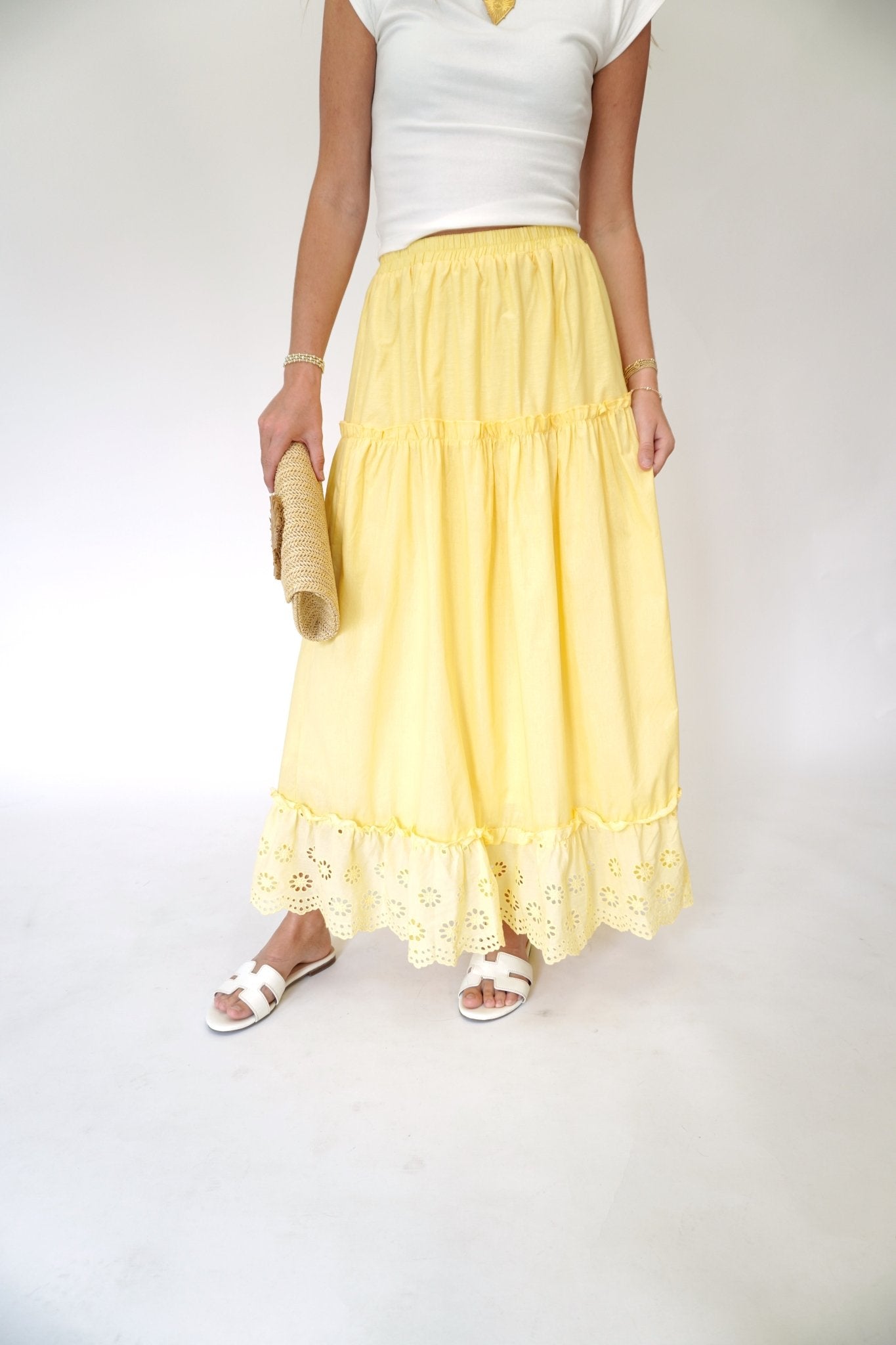Sun - Drenched Tiered Eyelet Maxi Skirt in Yellow - Anderson Ave boutique