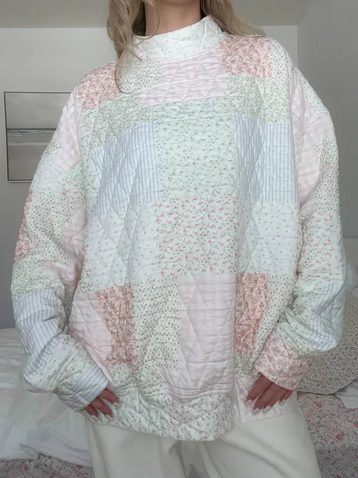 Sunkissed Coconut Pastel Patchwork Quilted Mock Neck Pullover – Soft Cotton Oversized Sweatshirt - Anderson Ave boutique