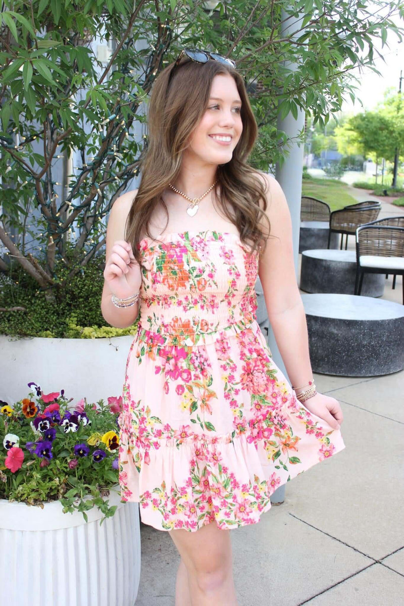 Sunset Bloom Strapless Smocked Mini Dress - Anderson Ave boutique