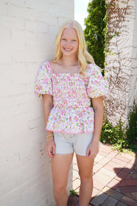 Sweet Magnolia Smocked Floral Peplum Top - Anderson Ave boutique