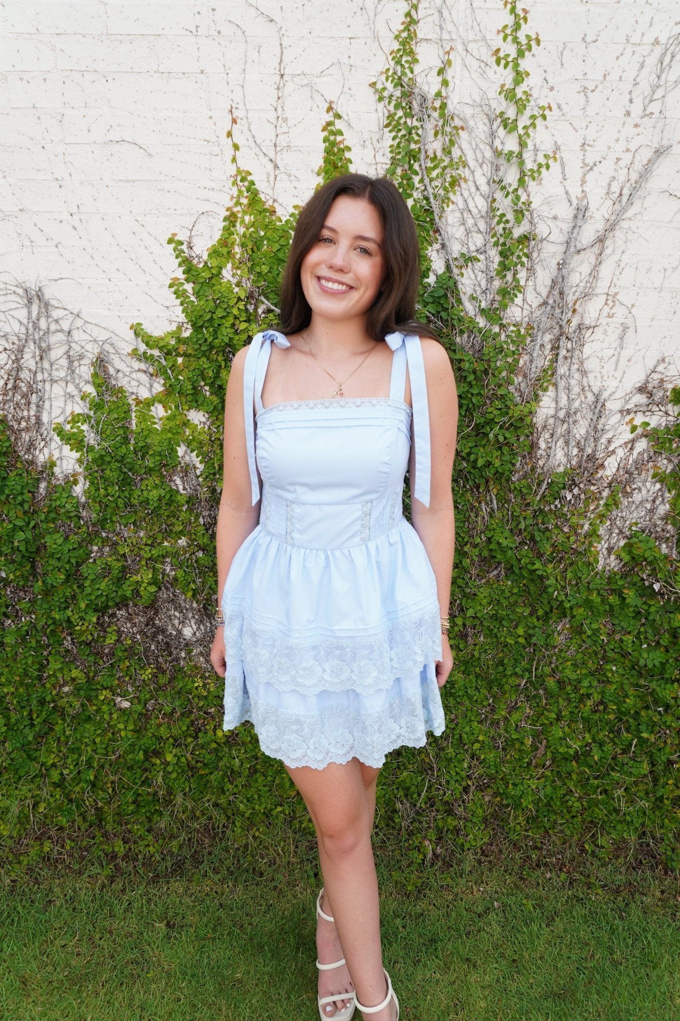 Sweet Serenity Lace Mini Dress – Light Blue - Anderson Ave boutique