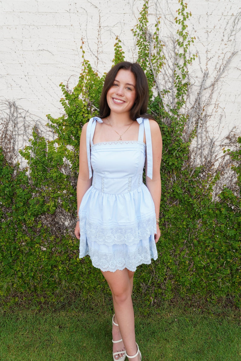 Sweet Serenity Lace Mini Dress – Light Blue - Anderson Ave boutique