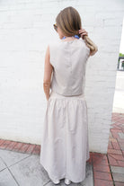 Taupe & Blue Pinstripe Drop Waist Maxi Skirt Matching Set - Anderson Ave boutique