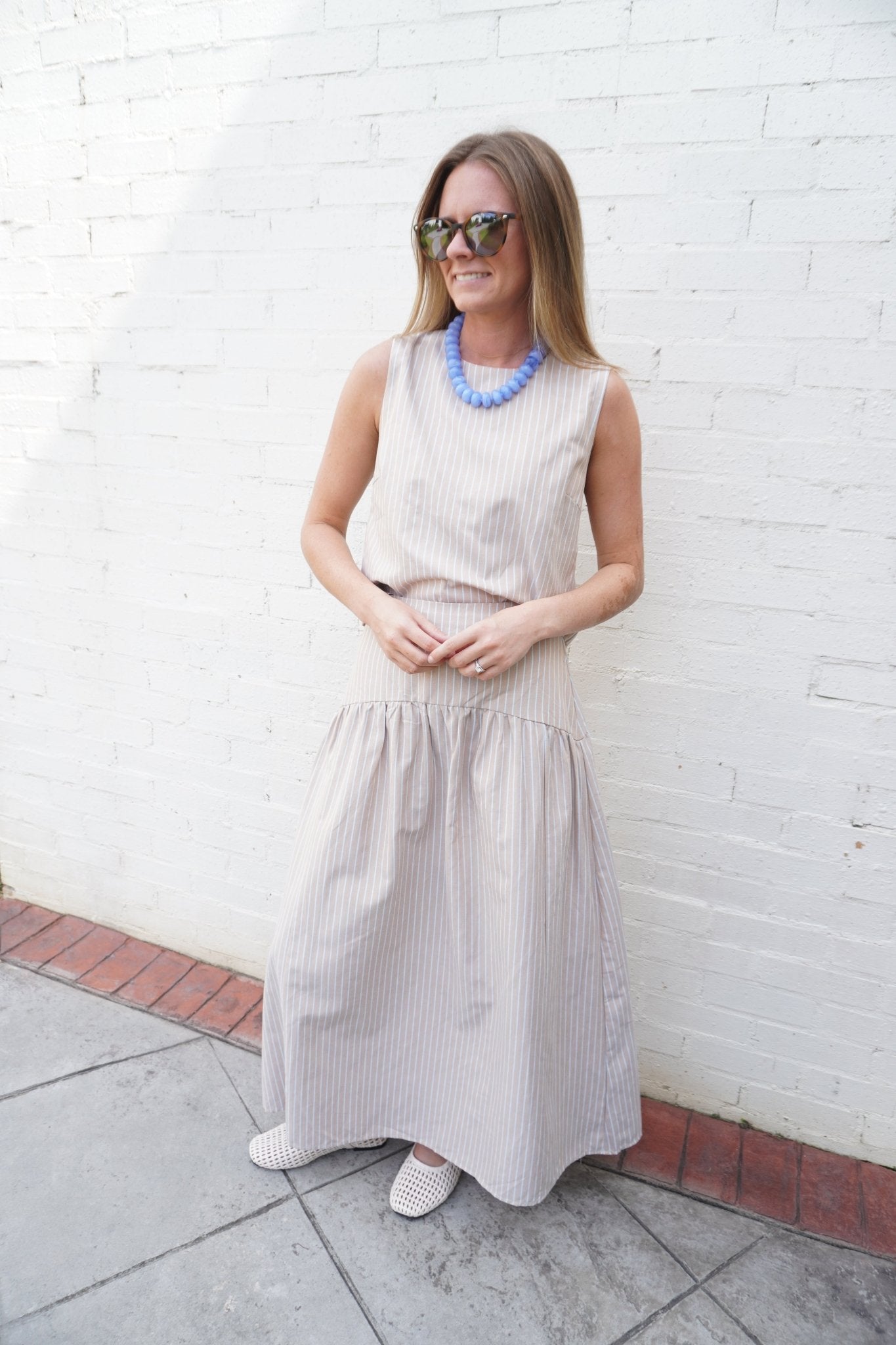 Taupe & Blue Pinstripe Drop Waist Maxi Skirt Matching Set - Anderson Ave boutique